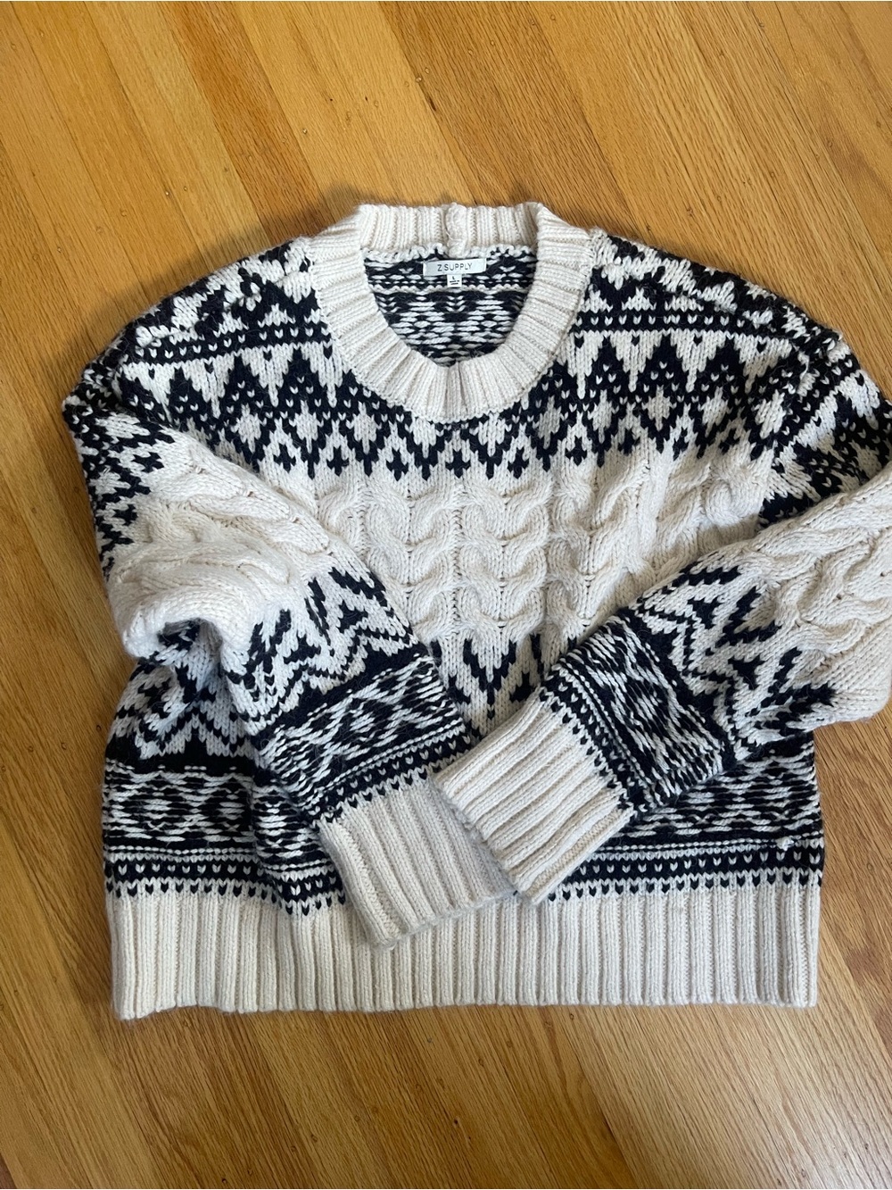 Z Supply Cream and Black Fair Isle Cable Crewneck Sweater